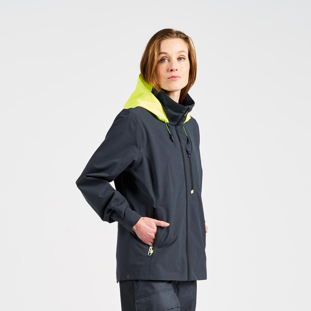 Women's sailing waterproof windproof jacket SAILING 300 - Dark grey Yellow hood